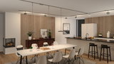 Modernes Esszimmer mit weißem Tisch, schwarzen Stühlen und Paulmann LED-Deckenleuchten in Holz- und Grautönen.