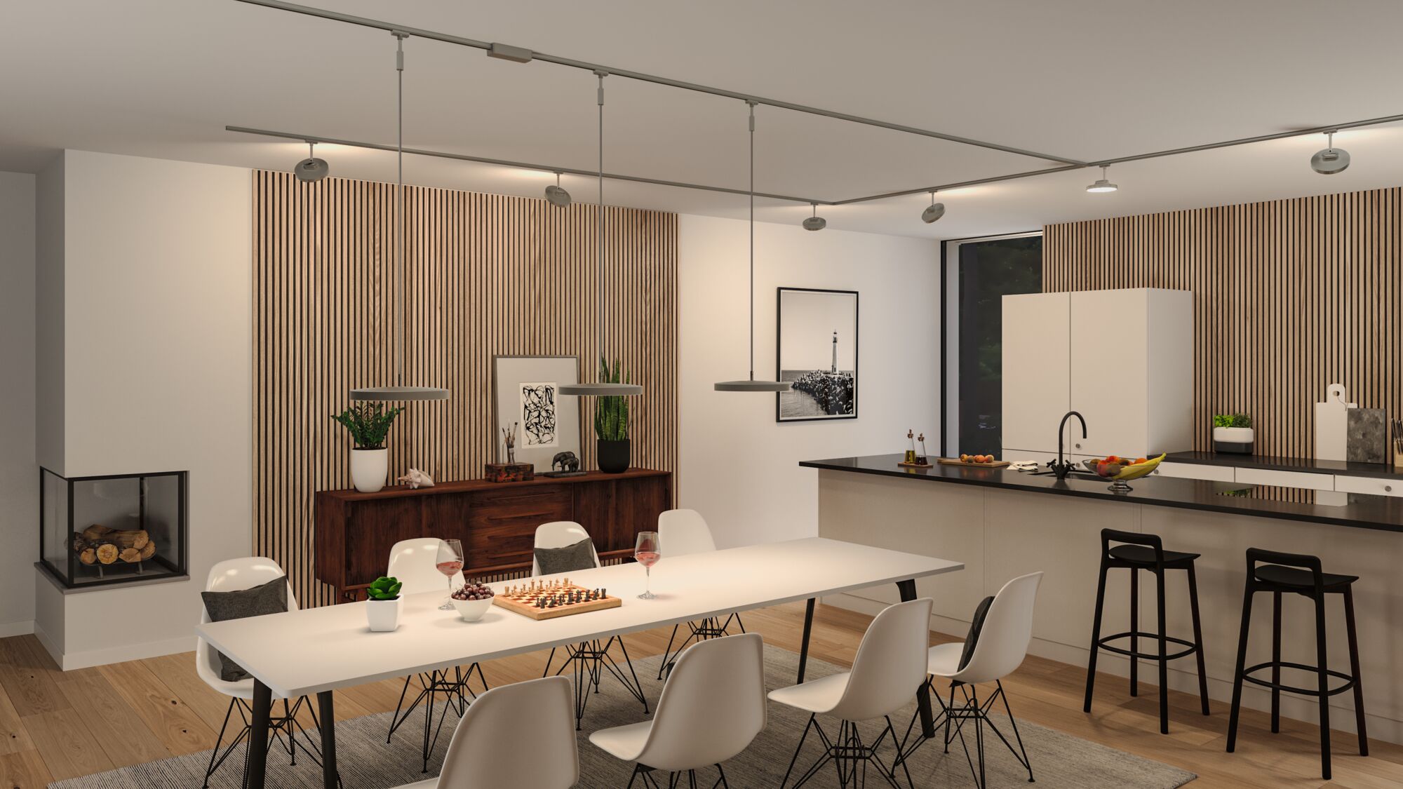 Modernes Esszimmer mit weißem Tisch, schwarzen Stühlen und Paulmann LED-Deckenleuchten in Holz- und Grautönen.