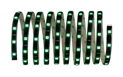 Flexible LED strip with green glowing diodes and adhesive back for decorative lighting applications.