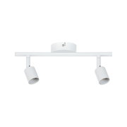 Modern white metal ceiling spotlight with two adjustable heads for targeted lighting