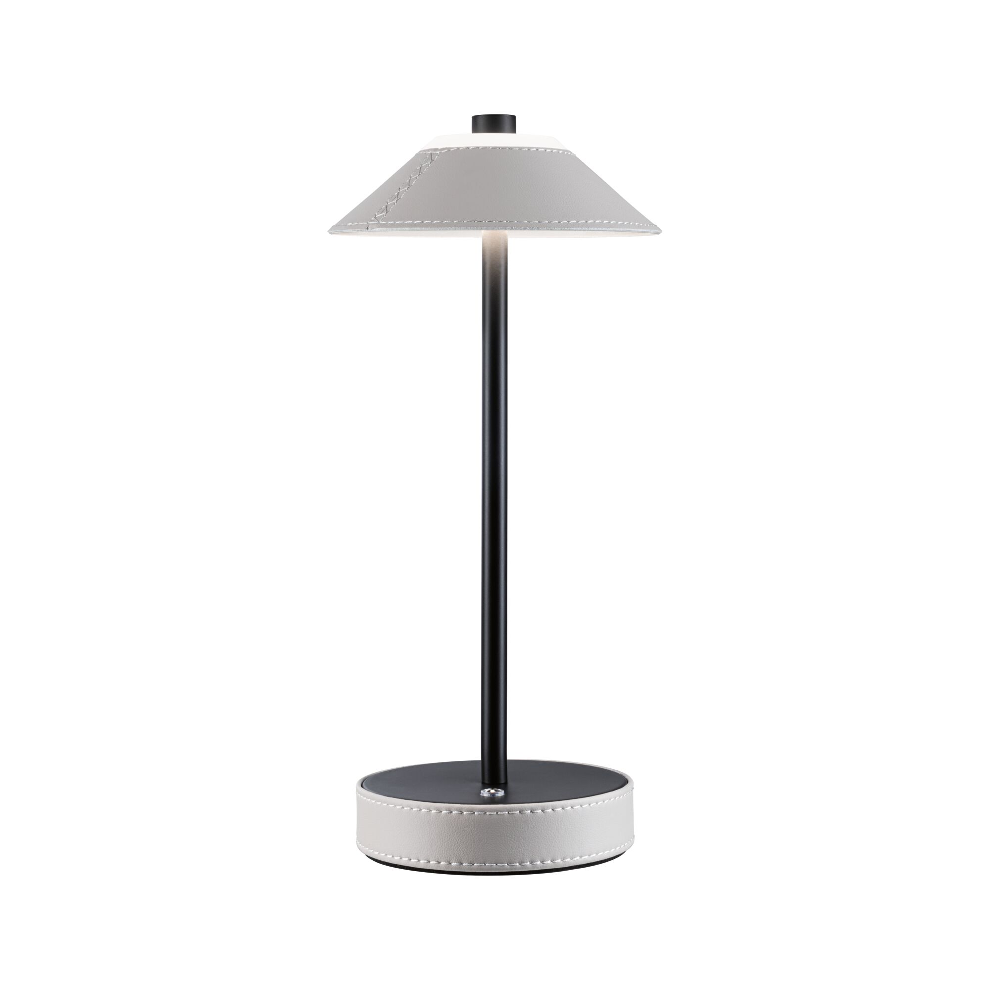 Lampe de table moderne avec tige en métal noir et abat-jour et base en cuir gris pour un éclairage élégant