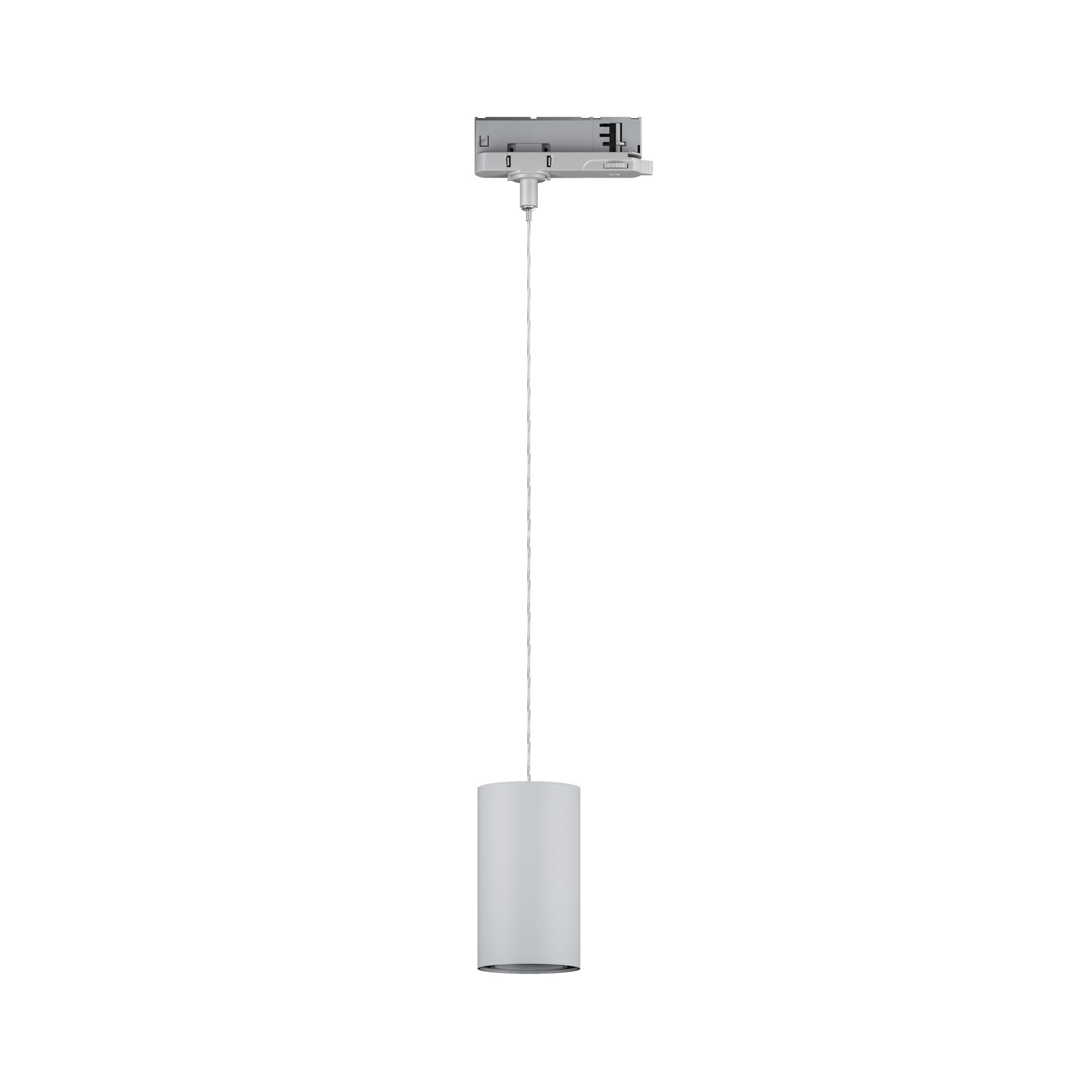 Modern white cylindrical metal pendant light with transparent cable for indoor lighting