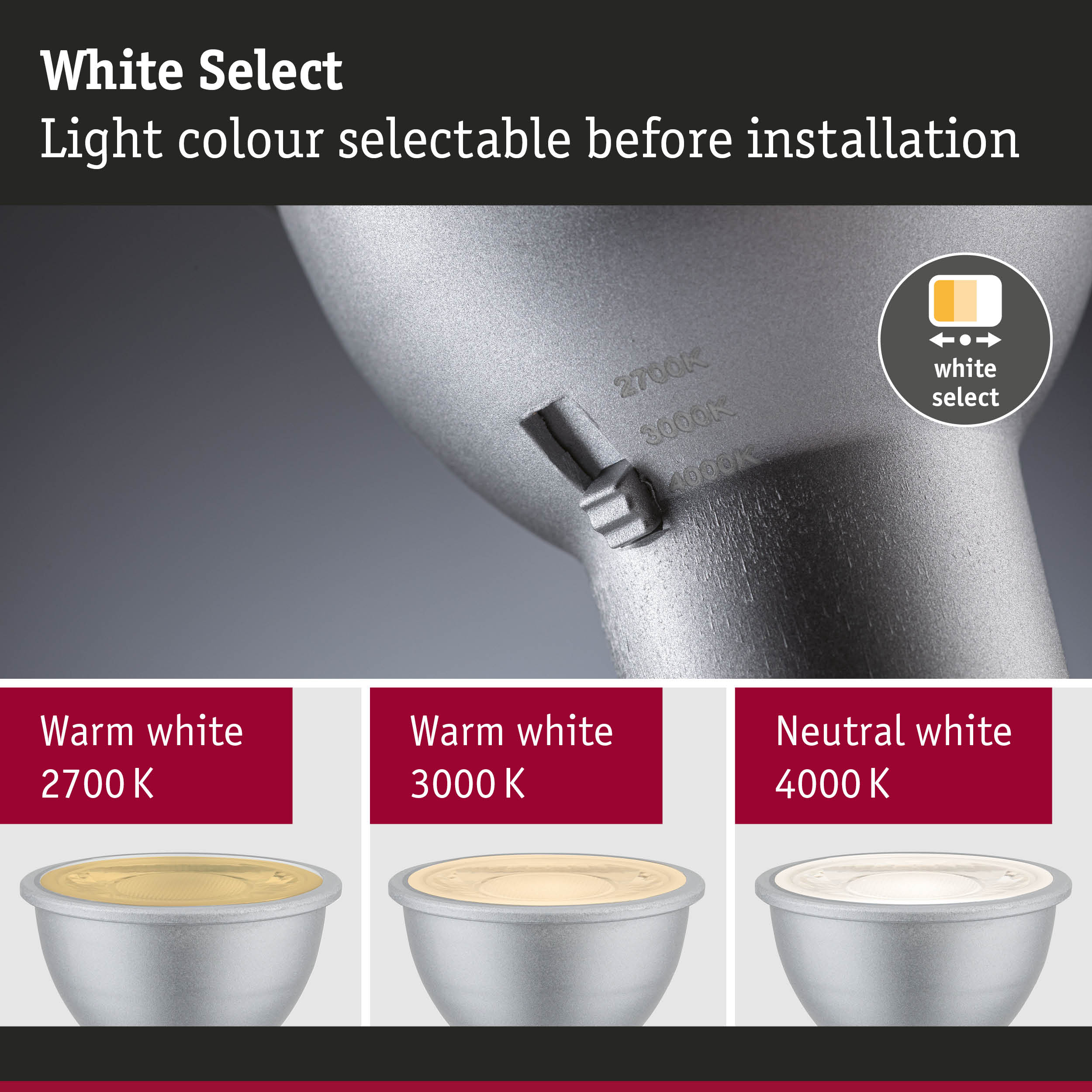Silver LED spotlight with adjustable light colour from 2700K to 4000K for versatile lighting