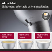 Silver LED spotlight with adjustable light colour from 2700K to 4000K for versatile lighting