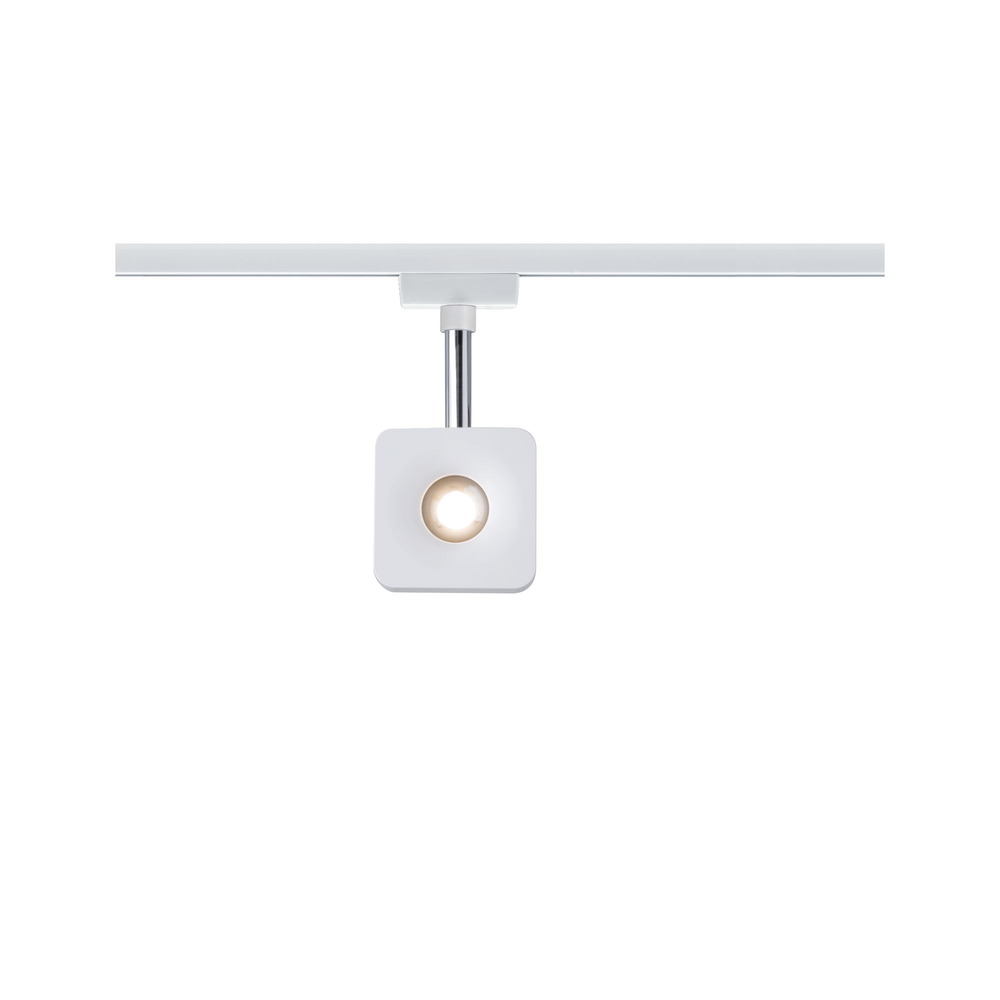 Moderner weißer LED-Strahler mit quadratischem Design und Metallstange für Schienensystembeleuchtung