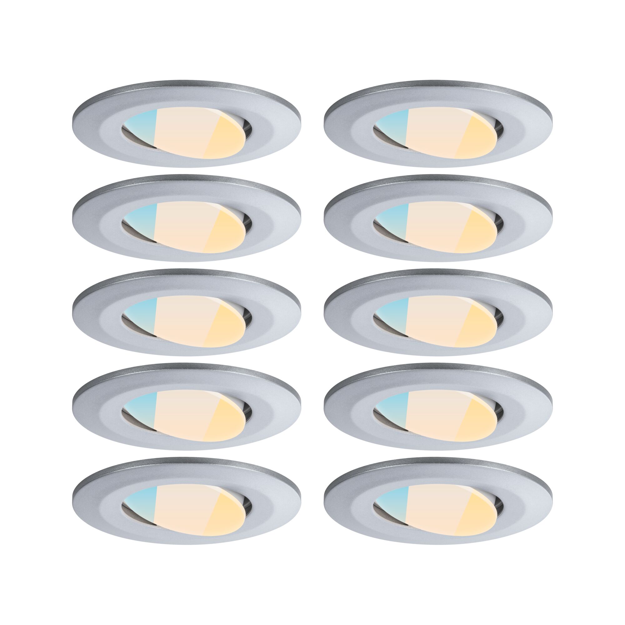 Set of ten silver round LED recessed lights with adjustable color temperature for home lighting
