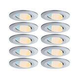 Set of ten silver round LED recessed lights with adjustable color temperature for home lighting