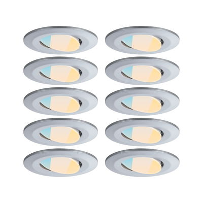 Set of ten silver round LED recessed lights with adjustable color temperature for home lighting