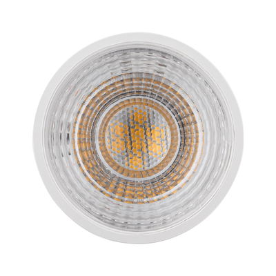 Round LED spotlight with clear glass and white trim, warm white light bulb for indoor use