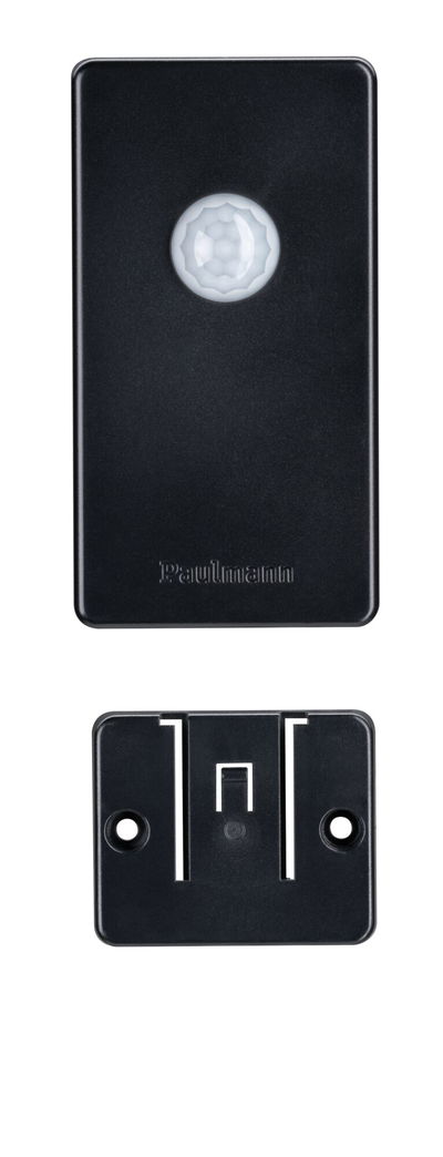 Black plastic motion sensor with mounting bracket for smart lighting control