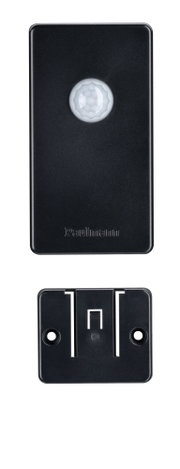 Black plastic motion sensor with mounting bracket for indoor light control and automation
