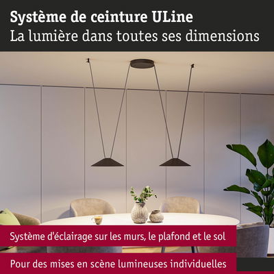 Système d'éclairage ULine avec suspensions noires au-dessus d'une table ronde dans une pièce moderne
