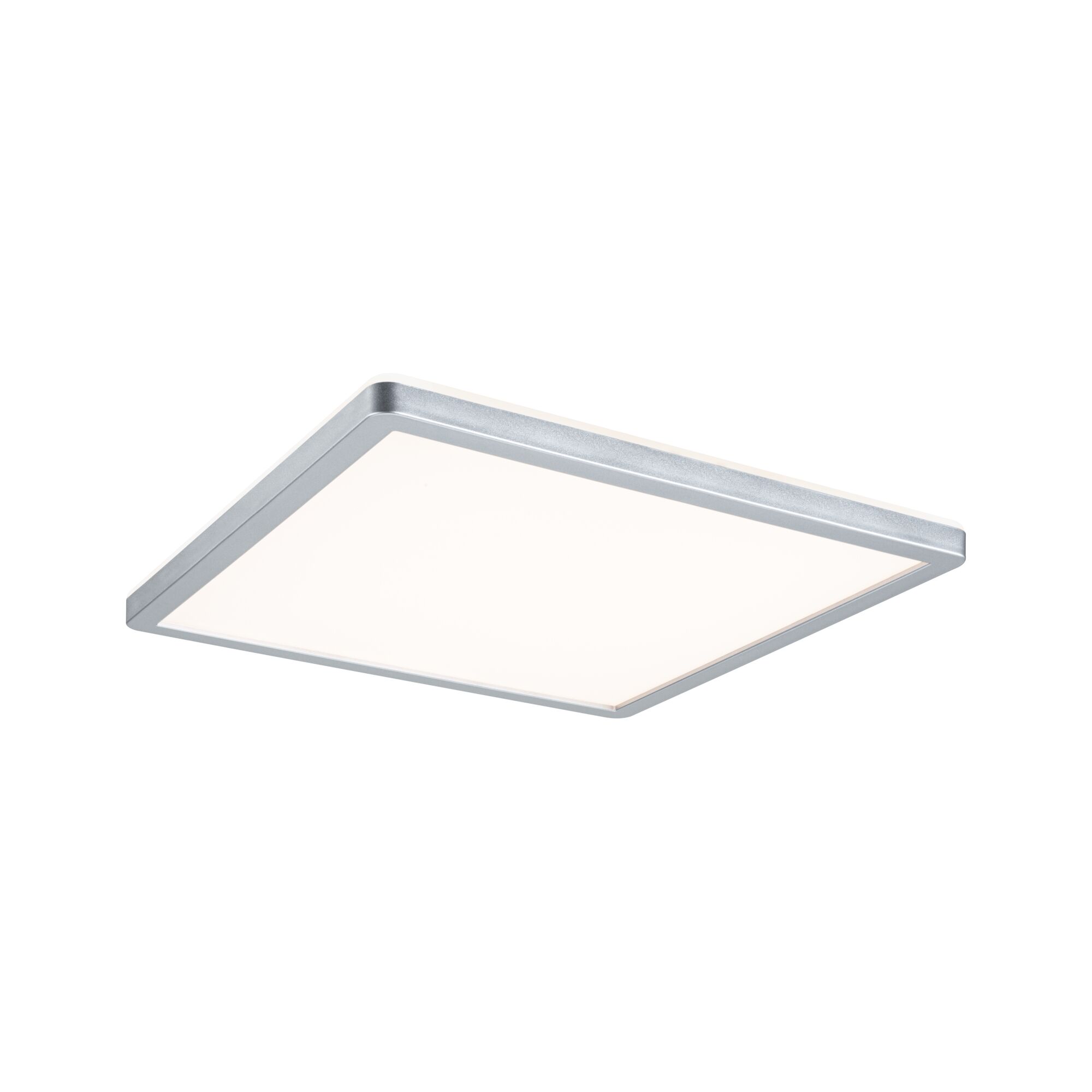 Quadratische Deckenleuchte mit silbernem Aluminiumrahmen und weißem Diffusor für modernes Raumlicht