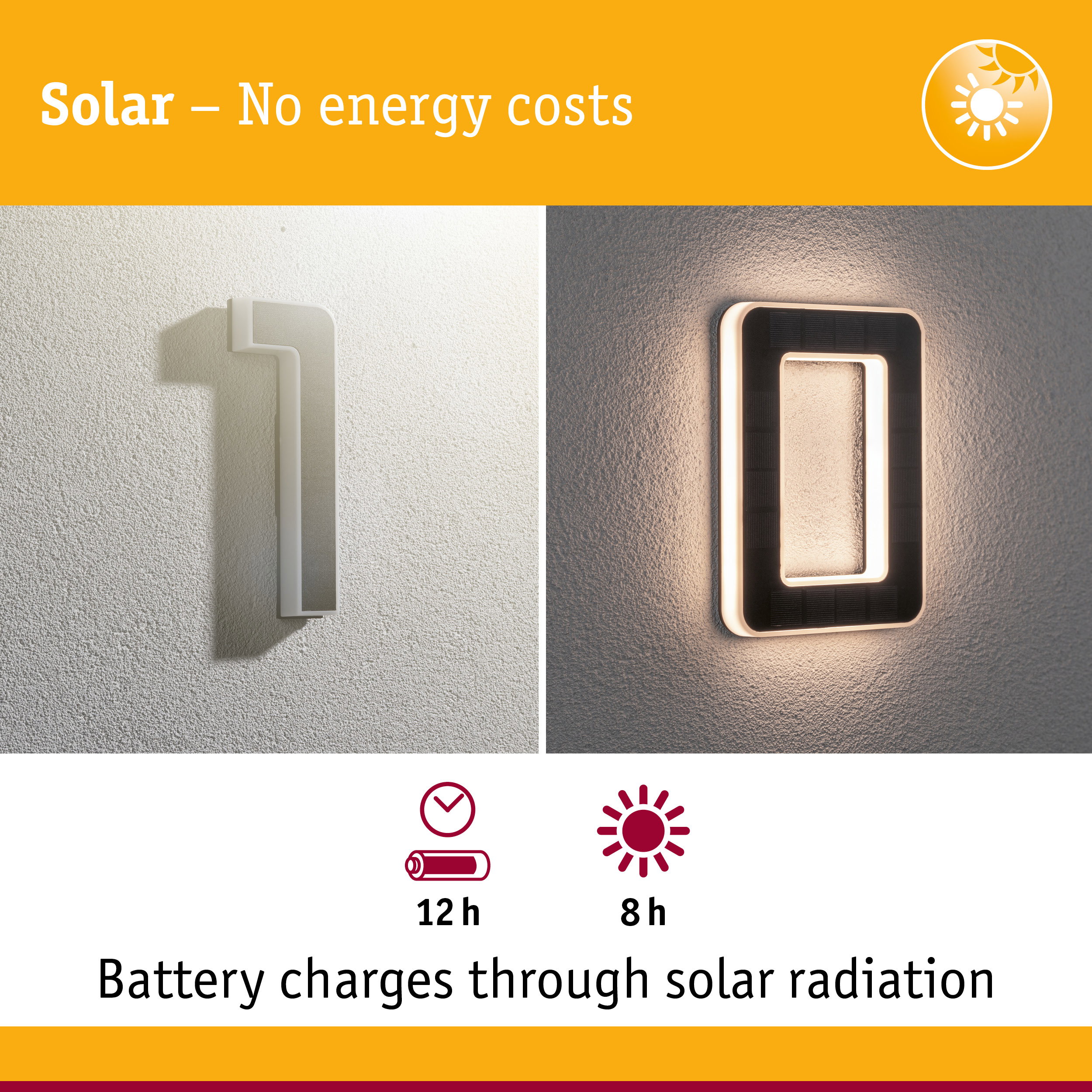 Solar-powered wall light with black frame and LED illumination for energy-saving outdoor lighting