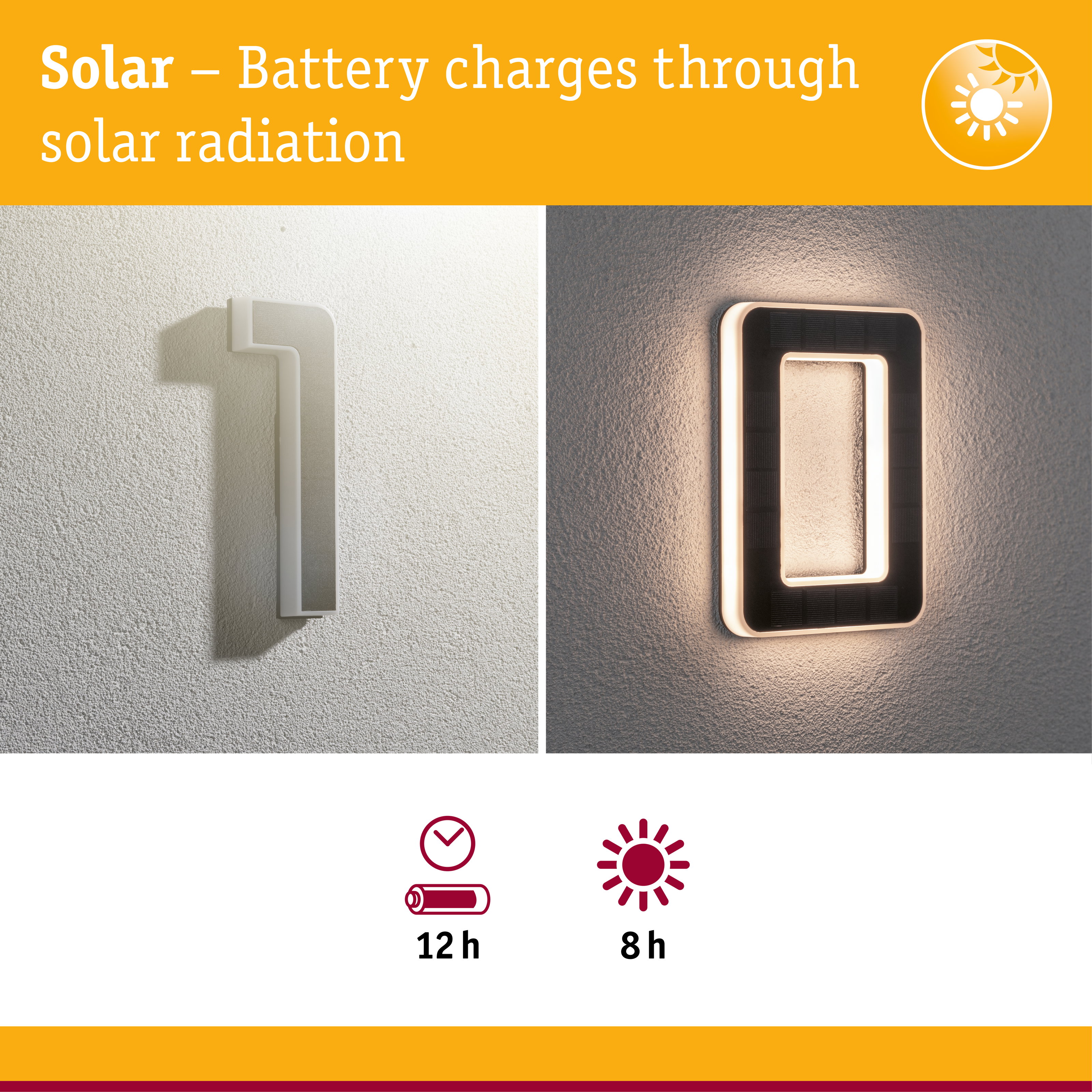Solar-powered wall light with black frame and LED illumination for energy-saving outdoor lighting