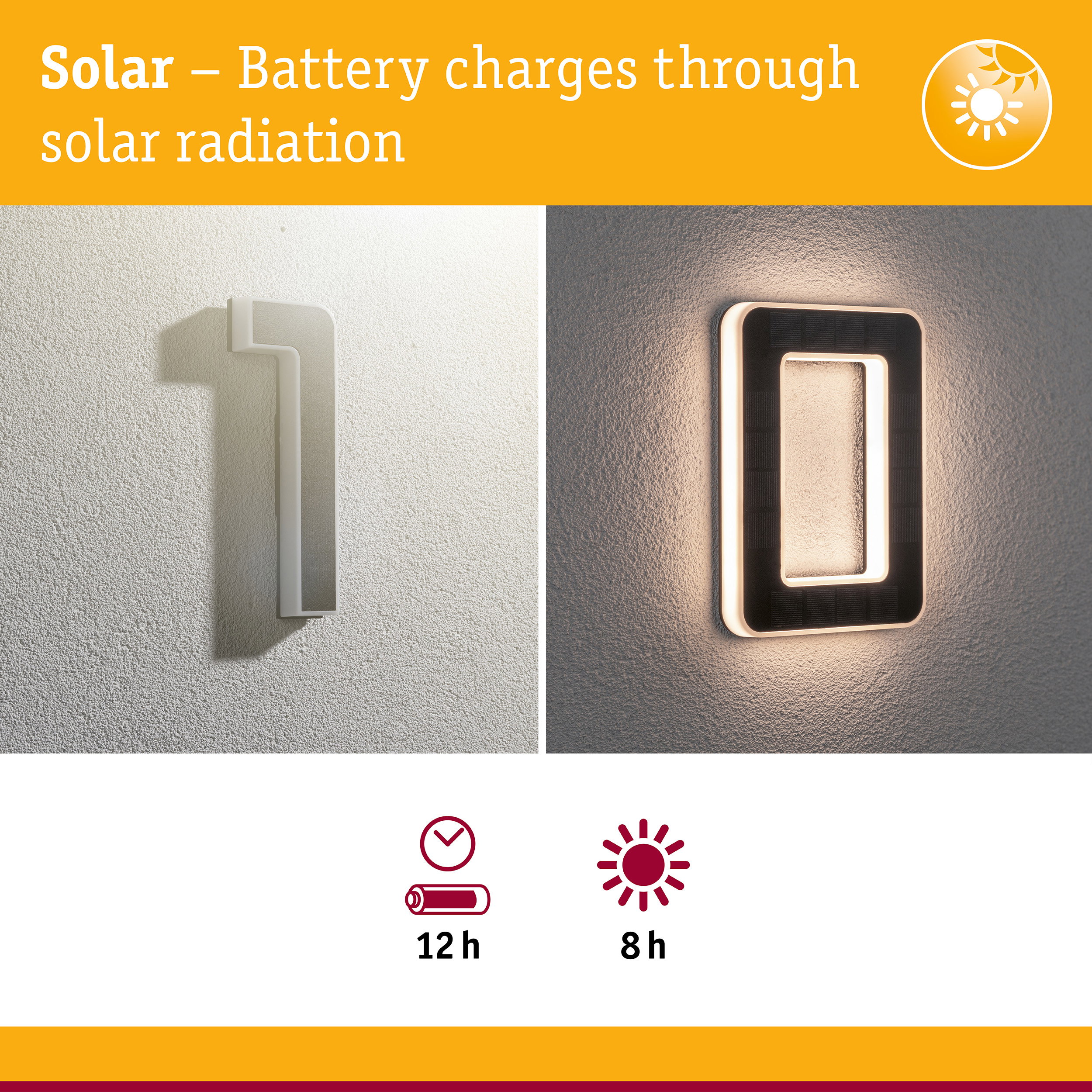 Solar-powered wall light with black frame and LED illumination for energy-saving outdoor lighting