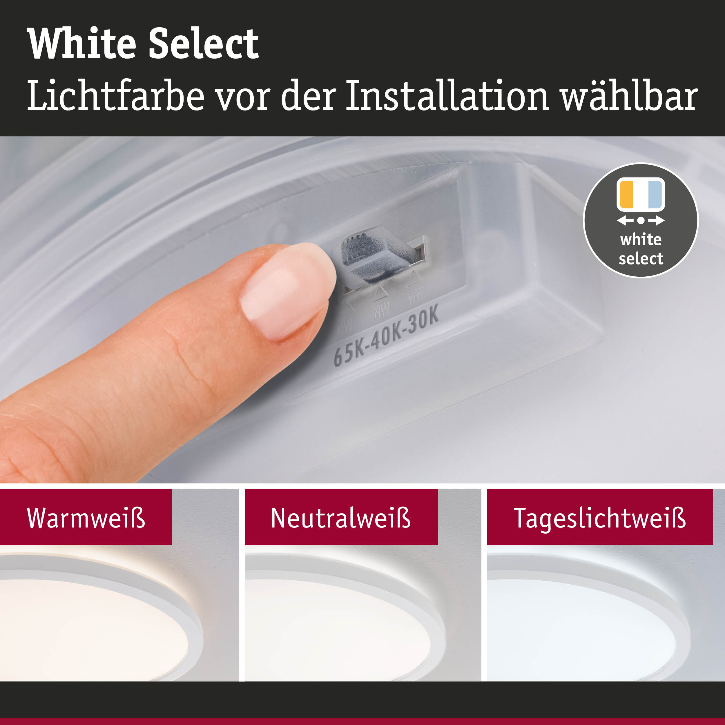 Finger stellt Lichtfarbe bei weißem LED-Deckenleuchte ein mit Warmweiß, Neutralweiß, Tageslichtweiß Optionen