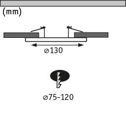 Technical drawing of recessed spotlight cross-section with 130 mm diameter and 75-120 mm installation depth