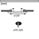 Technical drawing of recessed spotlight cross-section with 130 mm diameter and 75-120 mm installation depth