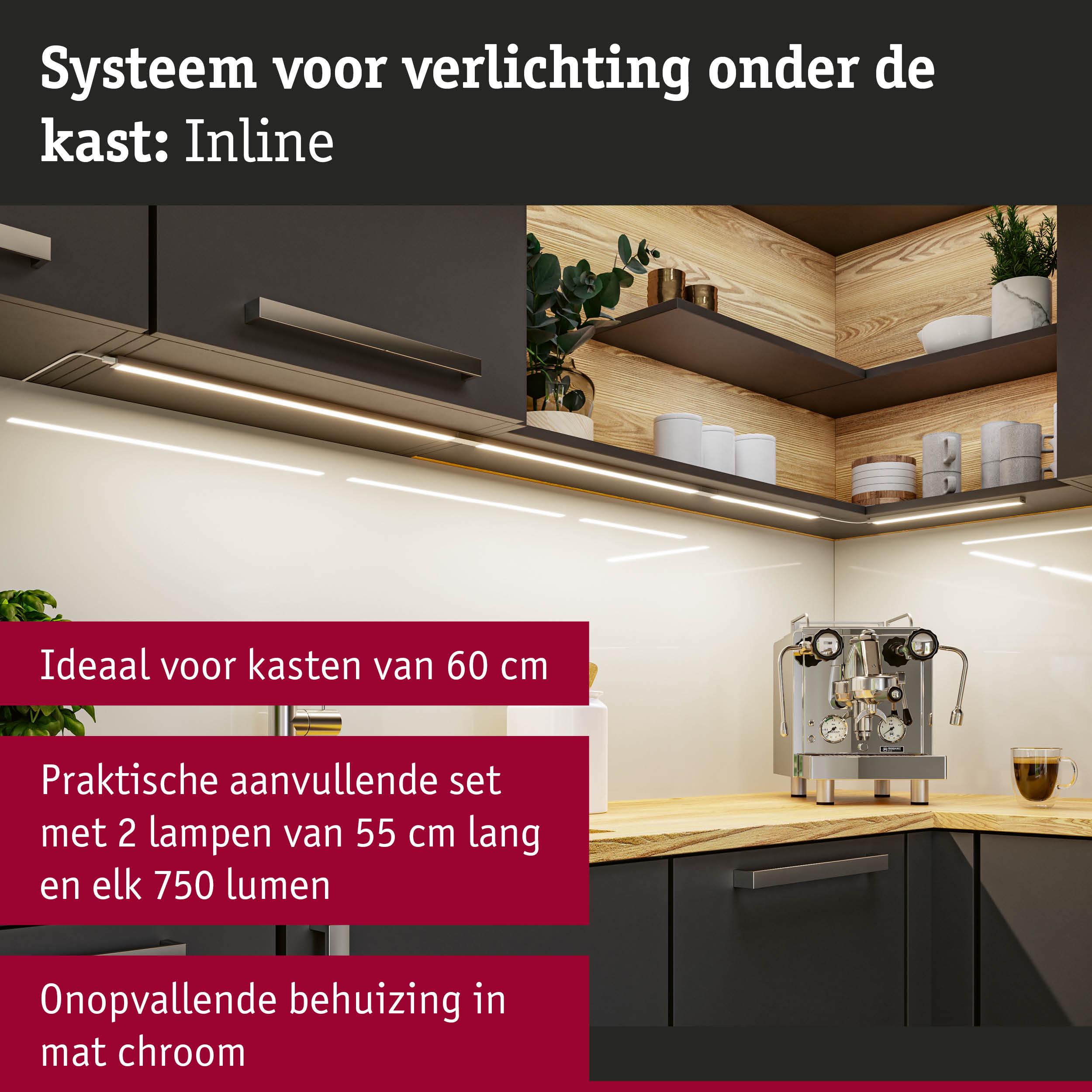 Inline LED-verlichtingssysteem in mat chroom, ideaal voor kasten van 60 cm met 750 lumen