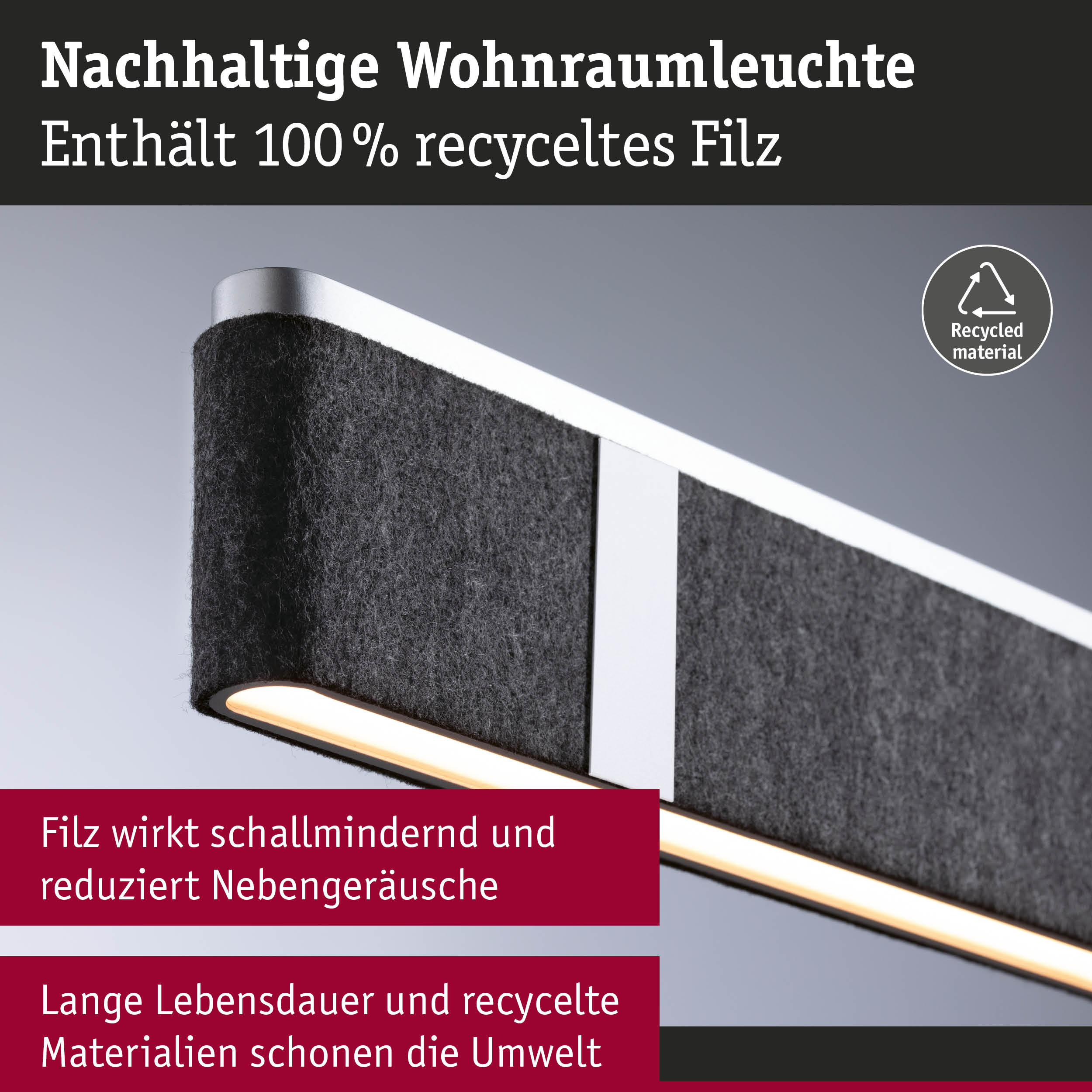 Nachhaltige Wohnraumleuchte mit schwarzem Filz aus 100% recyceltem Material und energiesparender LED-Beleuchtung