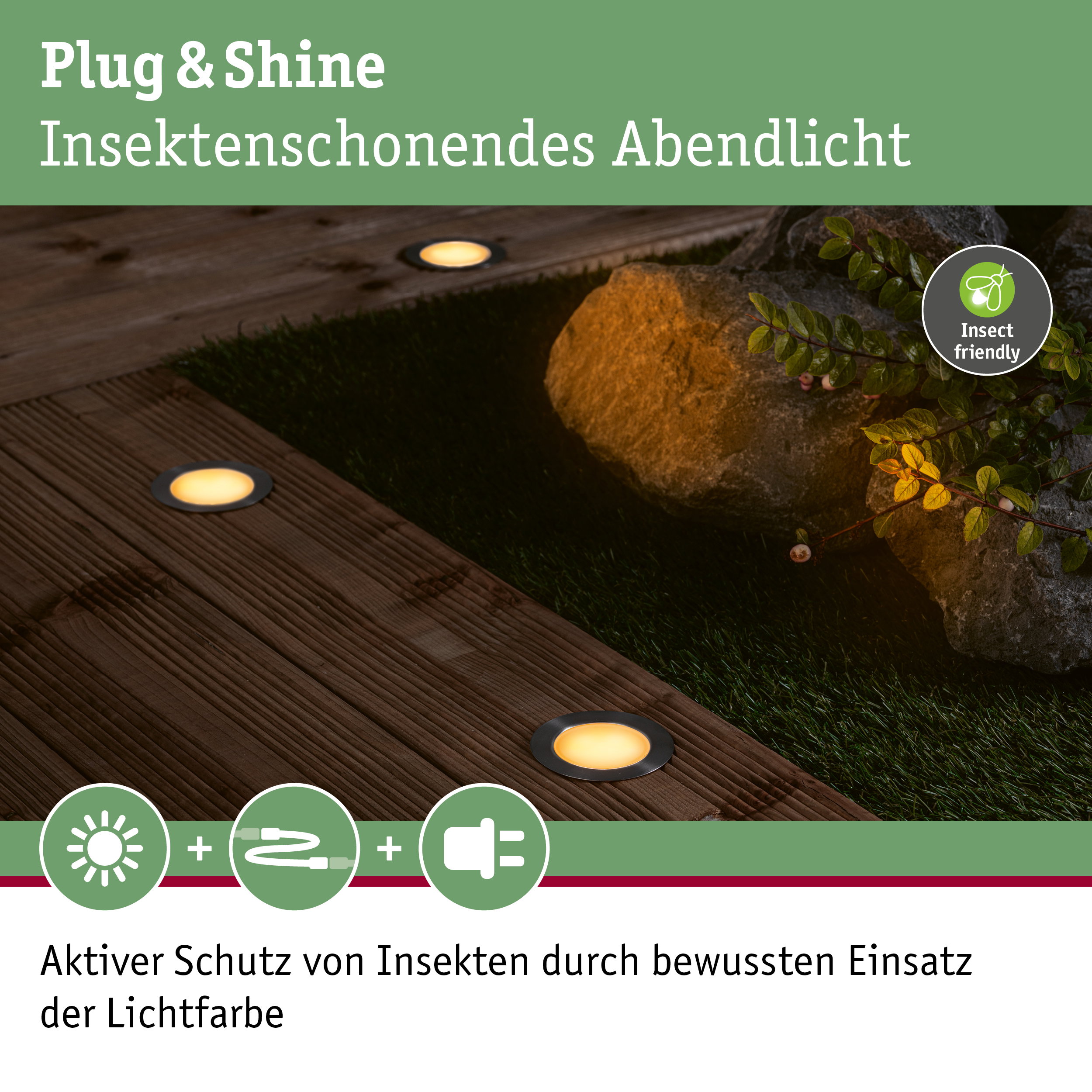 Plug & Shine LED-Einbauleuchten mit warmweißem Licht und insektenfreundlicher Farbtemperatur für Gartenwege
