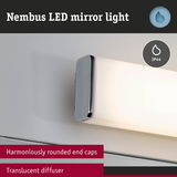 Nimbus LED mirror light with translucent diffuser and rounded chrome end caps for bathroom lighting