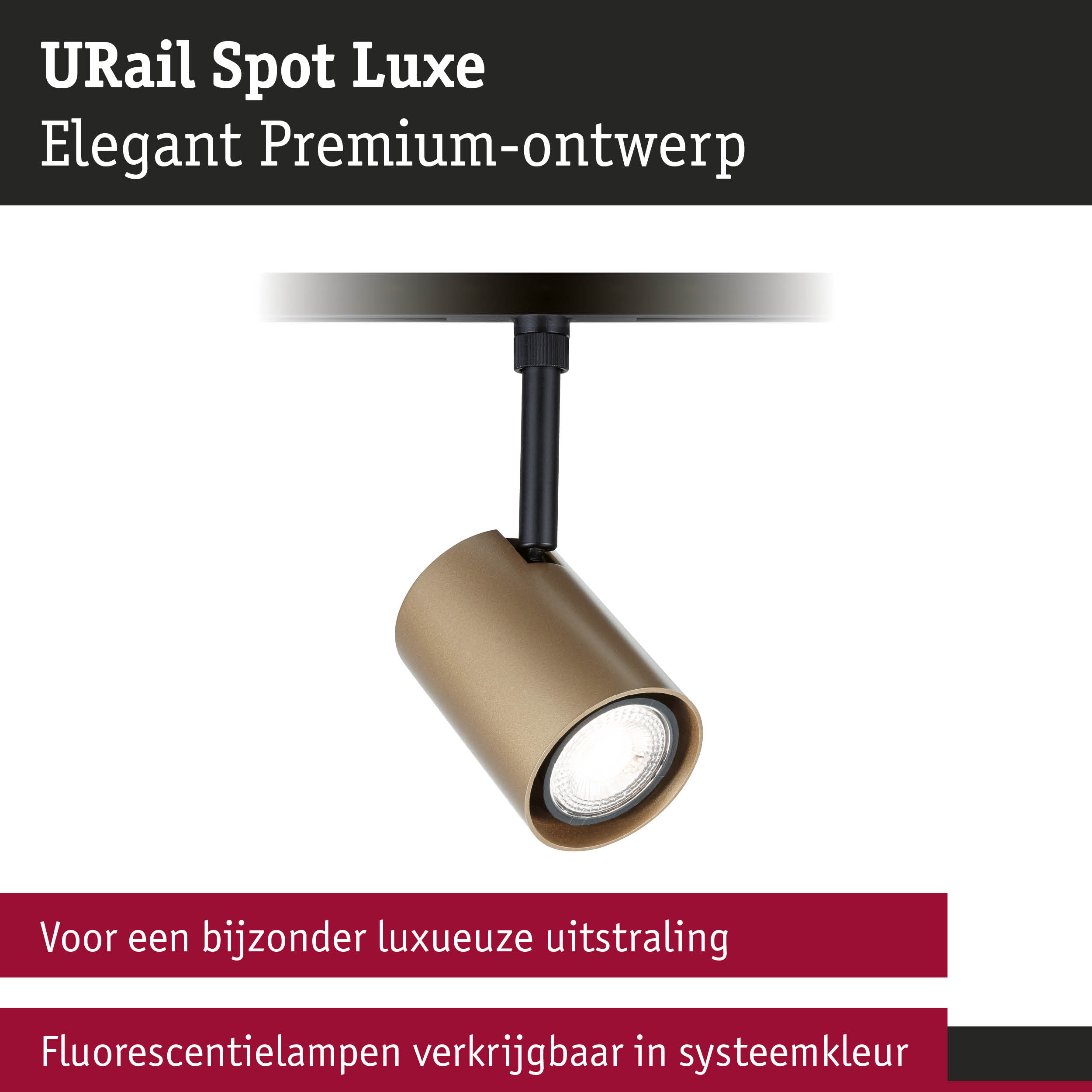 URail Spot Luxe plafondspot in mat goud met zwarte houder voor elegante verlichting
