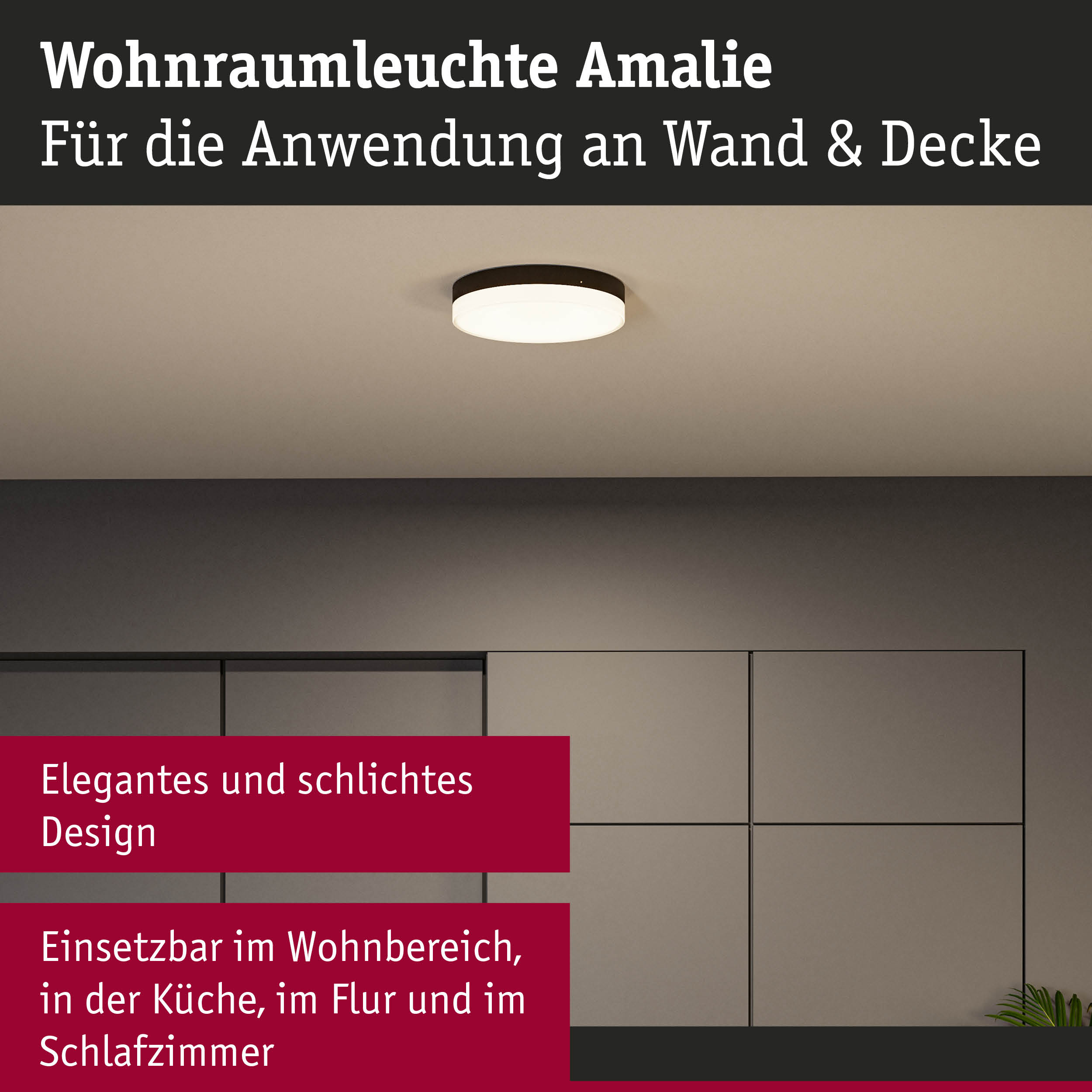 Wohnraumleuchte Amalie mit schwarzem Rand und weißem Diffusor, geeignet für Wand- und Deckenmontage
