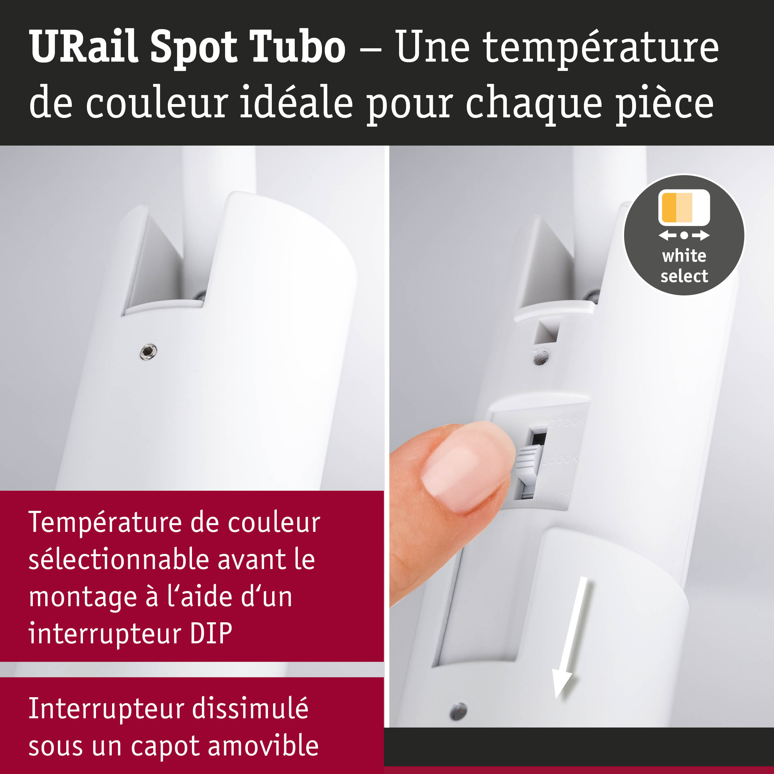 Spot URail Tubo blanc avec interrupteur DIP réglable pour choisir la température de couleur LED