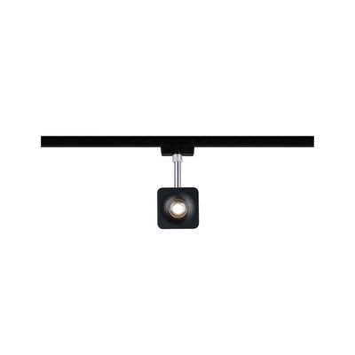 Black square metal LED spotlight on black track for modern indoor lighting solutions