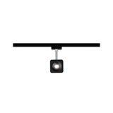 Black square metal LED spotlight on black track for modern indoor lighting solutions