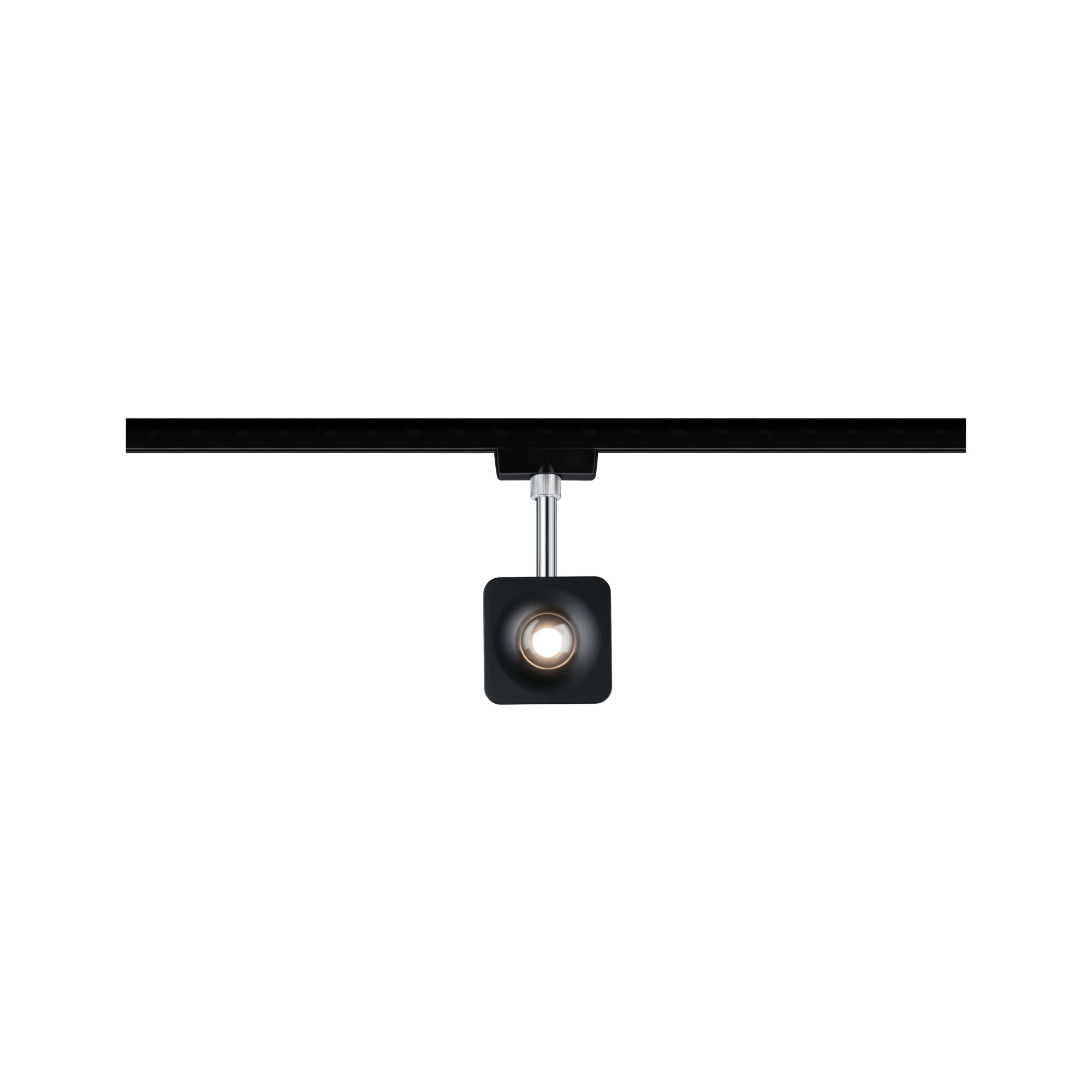 Black square metal LED spotlight on black track for modern indoor lighting solutions