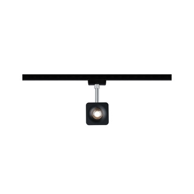 Schwarzer quadratischer LED-Strahler aus Metall an schwarzer Schiene für moderne Innenbeleuchtung