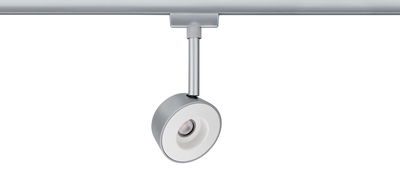 Modern silver metal LED spotlight on track system for flexible room lighting solutions