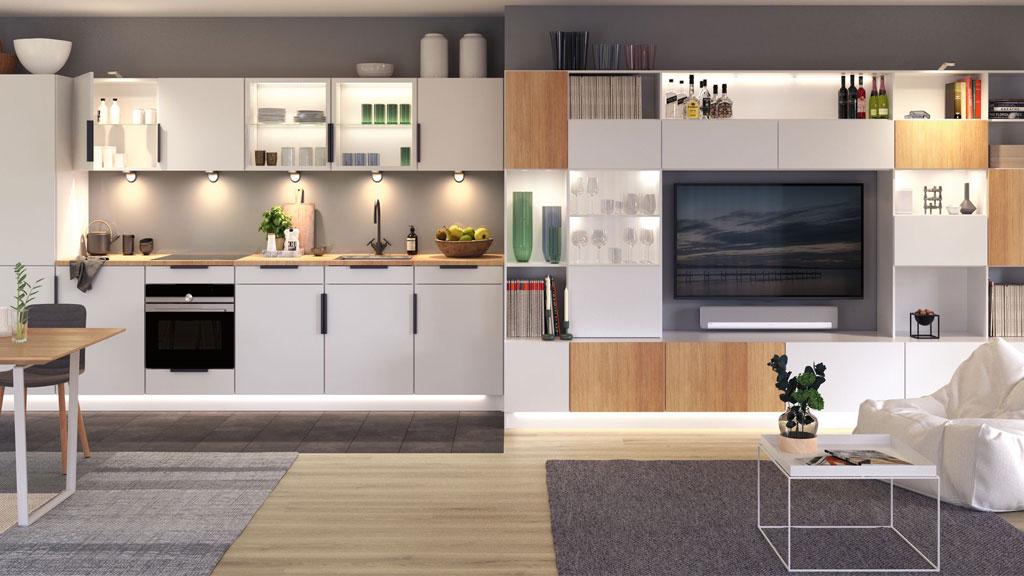 Modernes Wohnzimmer mit weißer und holzfarbener Küchen- und Wohnwandbeleuchtung, LED-Spotlicht und TV-Bereich.