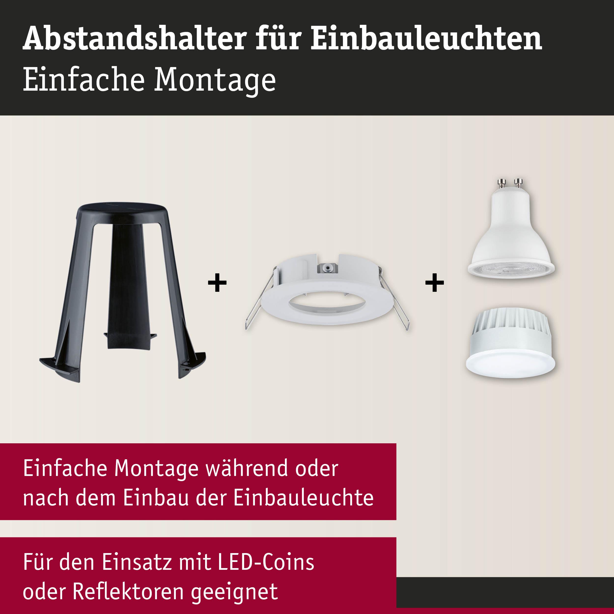 Schwarzer Kunststoff-Abstandshalter für Einbauleuchten mit weißem Einbaurahmen und LED-Leuchtmitteln