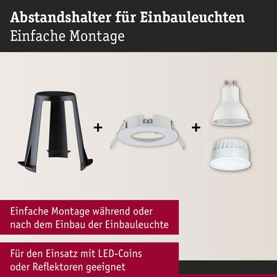 Schwarzer Kunststoff-Abstandshalter für Einbauleuchten mit weißem Einbaurahmen und LED-Leuchtmitteln