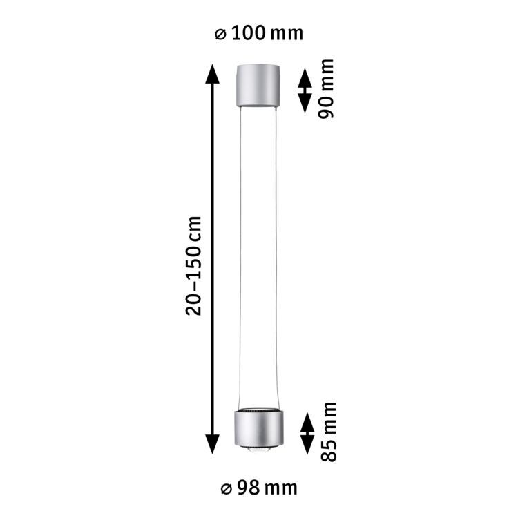 Technische Zeichnung einer silbernen LED-Pendelleuchte mit Maßen 20-150 cm Länge und 10 cm Durchmesser