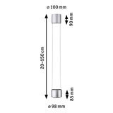 Technische Zeichnung einer silbernen LED-Pendelleuchte mit Maßen 20-150 cm Länge und 10 cm Durchmesser