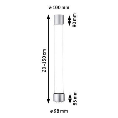 Technische Zeichnung einer silbernen LED-Pendelleuchte mit Maßen 20-150 cm Länge und 10 cm Durchmesser