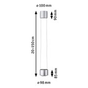 Dessin technique d'un luminaire suspendu LED argenté de 20-150 cm de longueur et 10 cm de diamètre