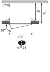 Technical drawing of a round recessed spotlight with 90 mm diameter and 20-degree tilt angle.