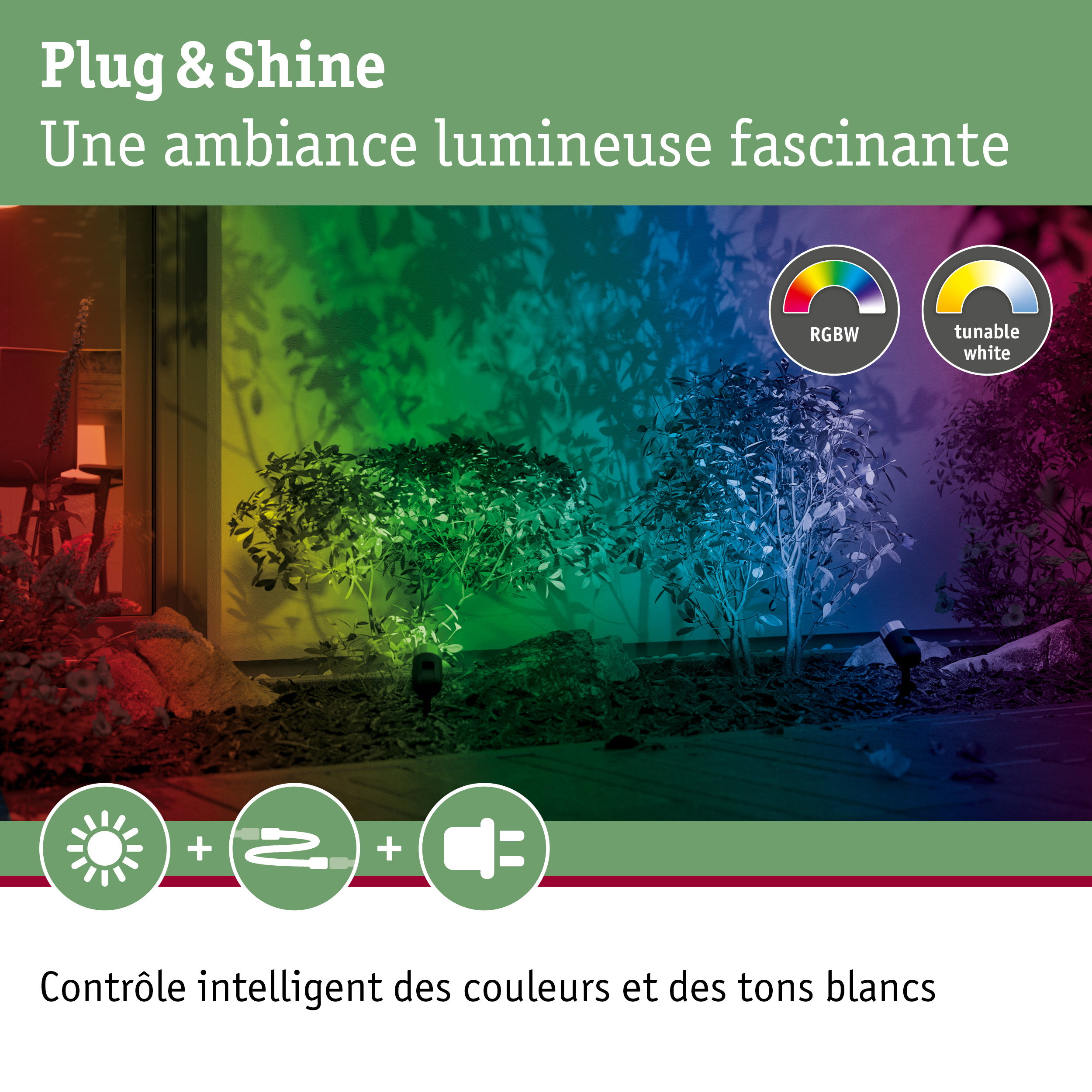Éclairage extérieur RGBW et blanc réglable avec contrôle intelligent des couleurs pour jardin