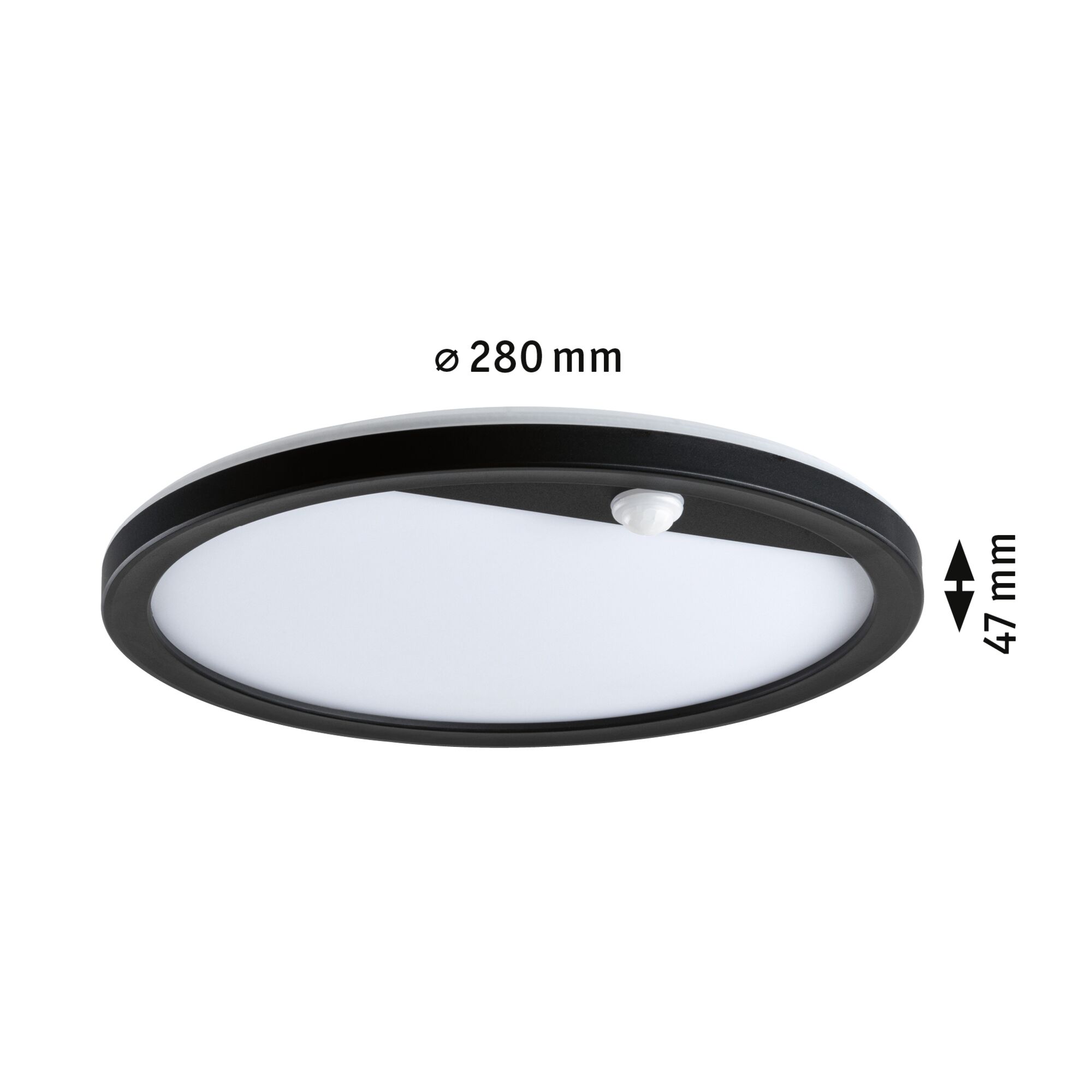 Ronde LED-plafondlamp met zwarte rand en bewegingssensor, diameter 280 mm, hoogte 47 mm