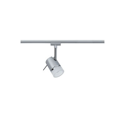 Modern silver metal LED spotlight with white diffuser on track system for accent lighting in interiors