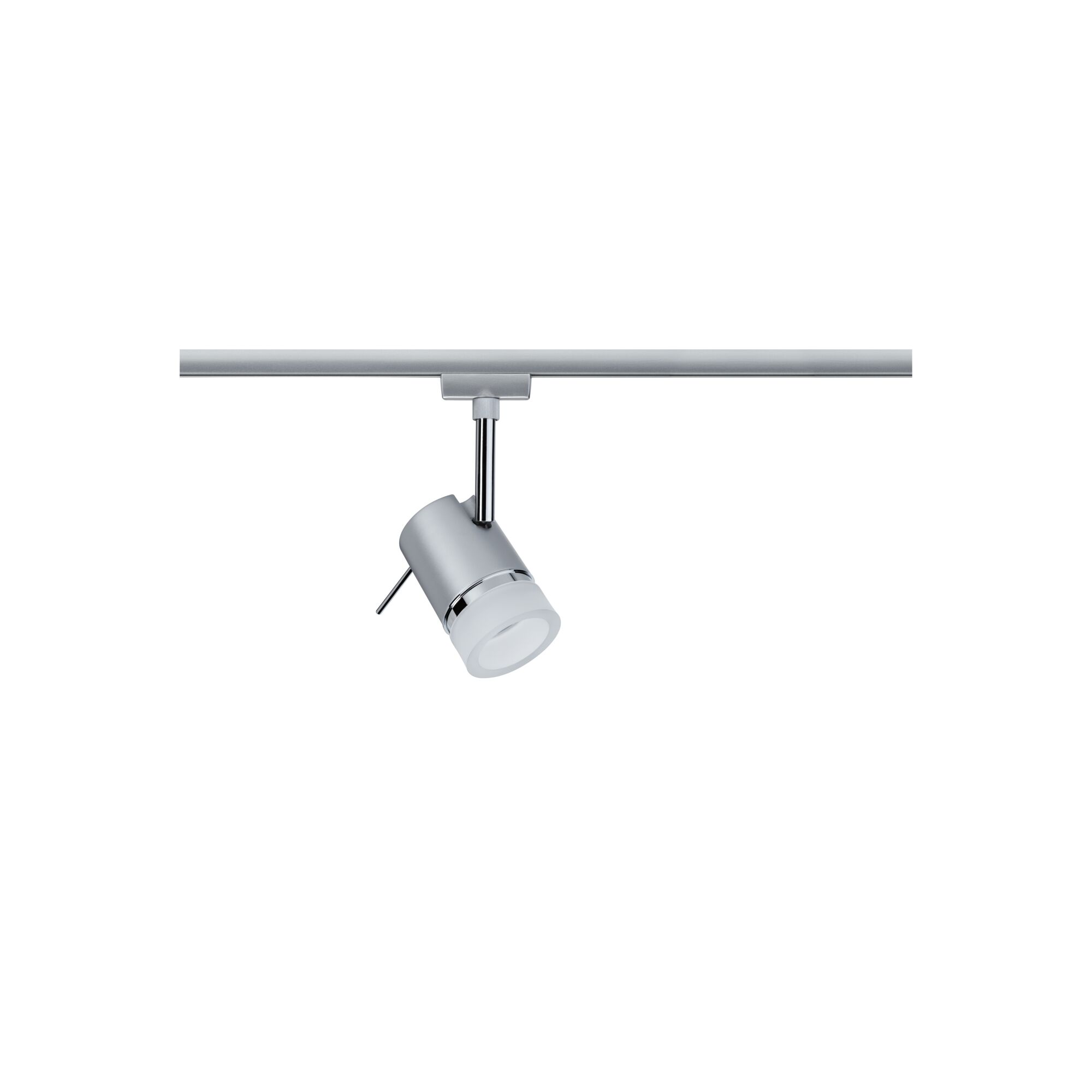 Moderne zilverkleurige metalen LED-spot met witte diffuser op railsysteem voor accentverlichting binnen