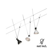 Three modern metal cable spotlights in black, white and silver without bulbs for flexible lighting