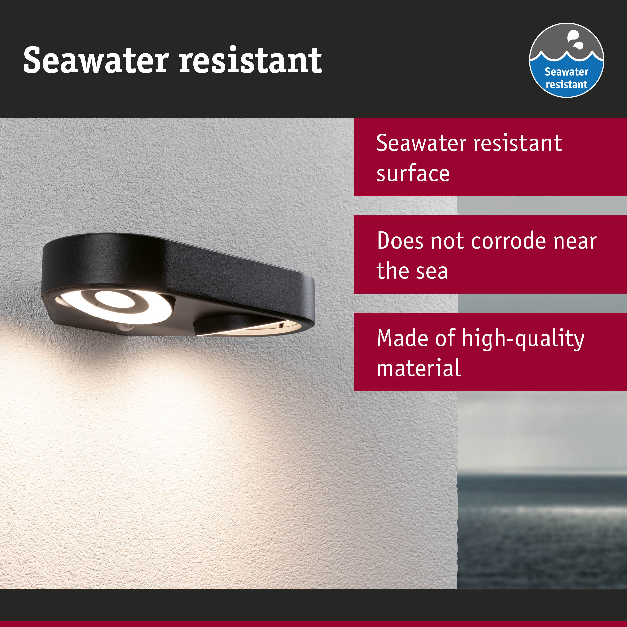 Black outdoor wall light with seawater resistant surface and durable material for coastal use