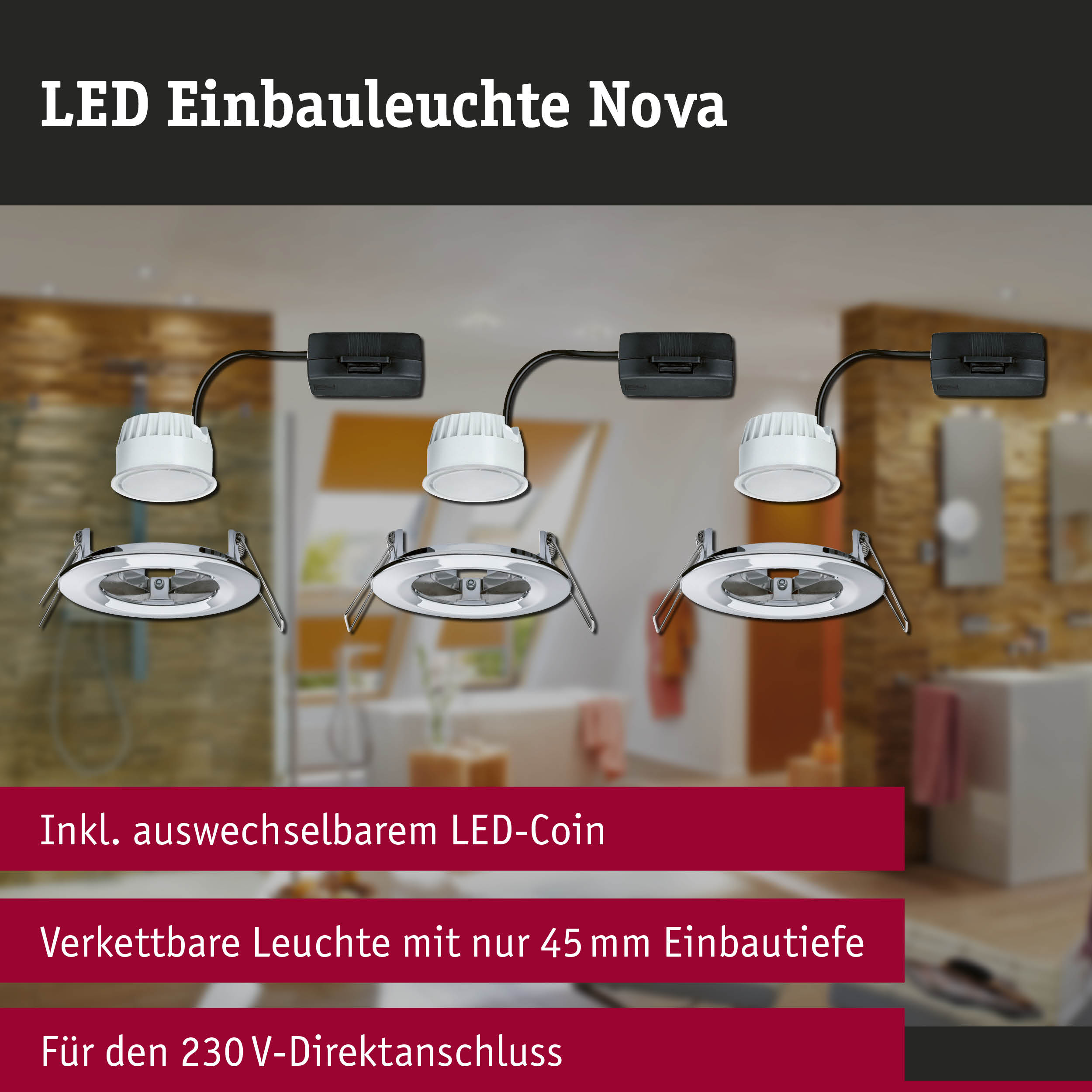 LED Einbauleuchte Nova in Weiß mit schwarzem Anschluss für 230V Direktanschluss, LED-Spot